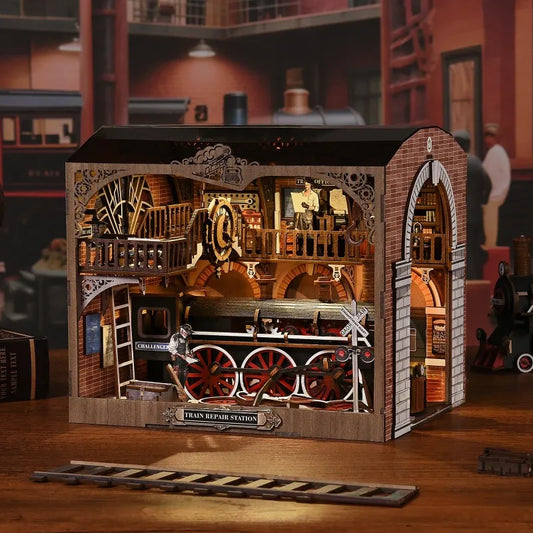 3D drewniane puzzle Book Nook - Stacja naprawy pociągów